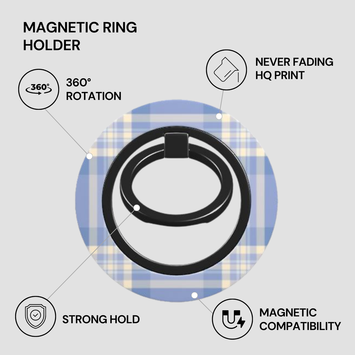 Magnetic ring holder with features highlighted on a gray background