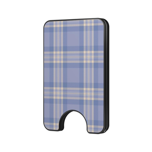 Bluebell Plaid Magnetic Wallet with a soft blue and cream plaid pattern