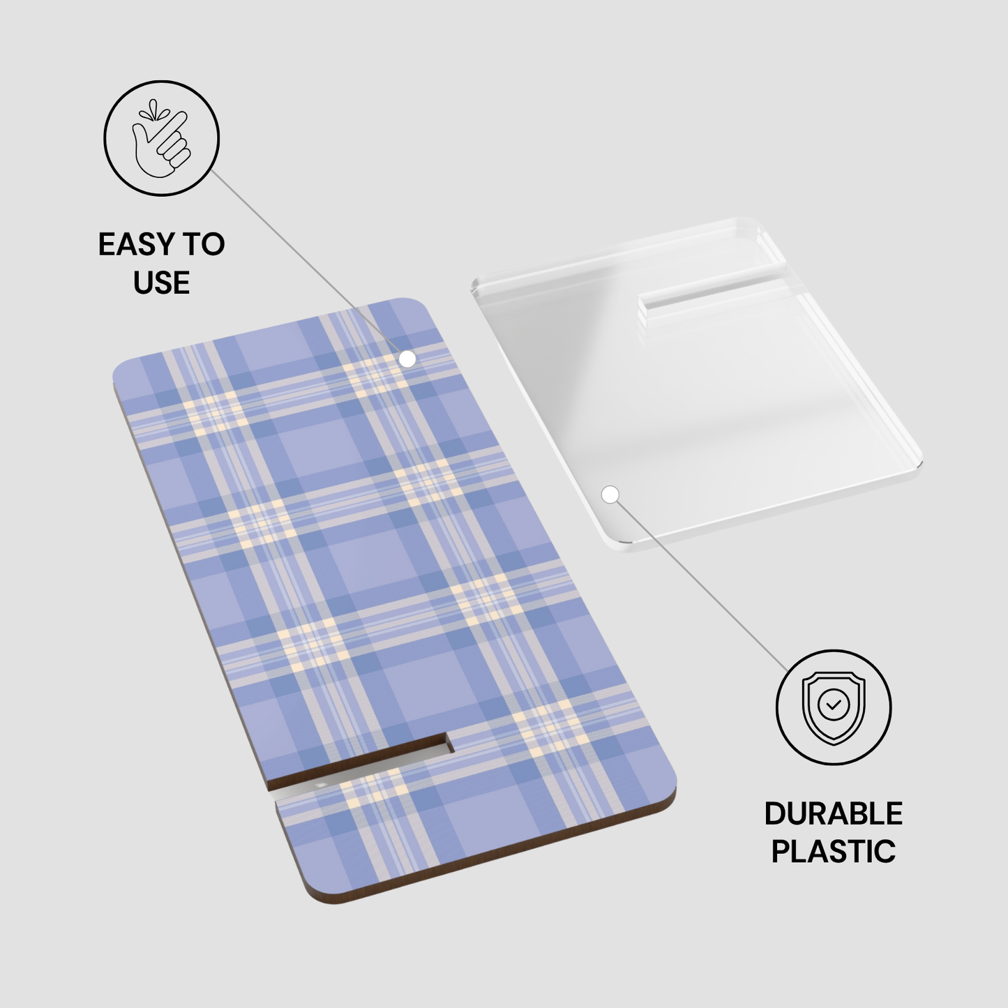 Plaid patterned phone case with text 'Easy to use' and 'Durable plastic' on a light gray background
