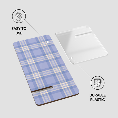 Plaid patterned phone case with text 'Easy to use' and 'Durable plastic' on a light gray background