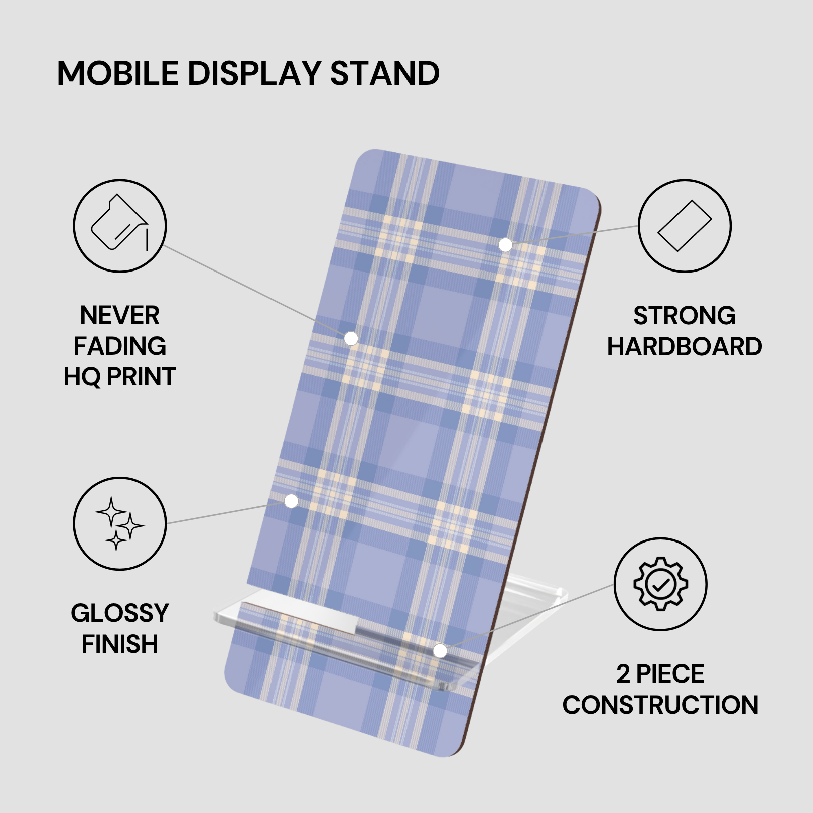 Blue plaid mobile display stand with features listed on a gray background