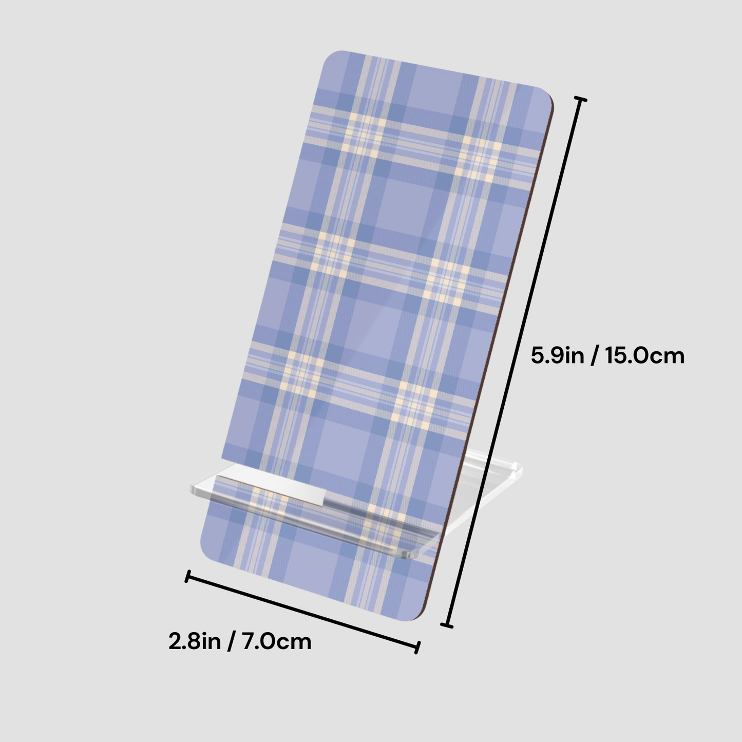 Blue plaid ironing board cover with measurements on a light gray background