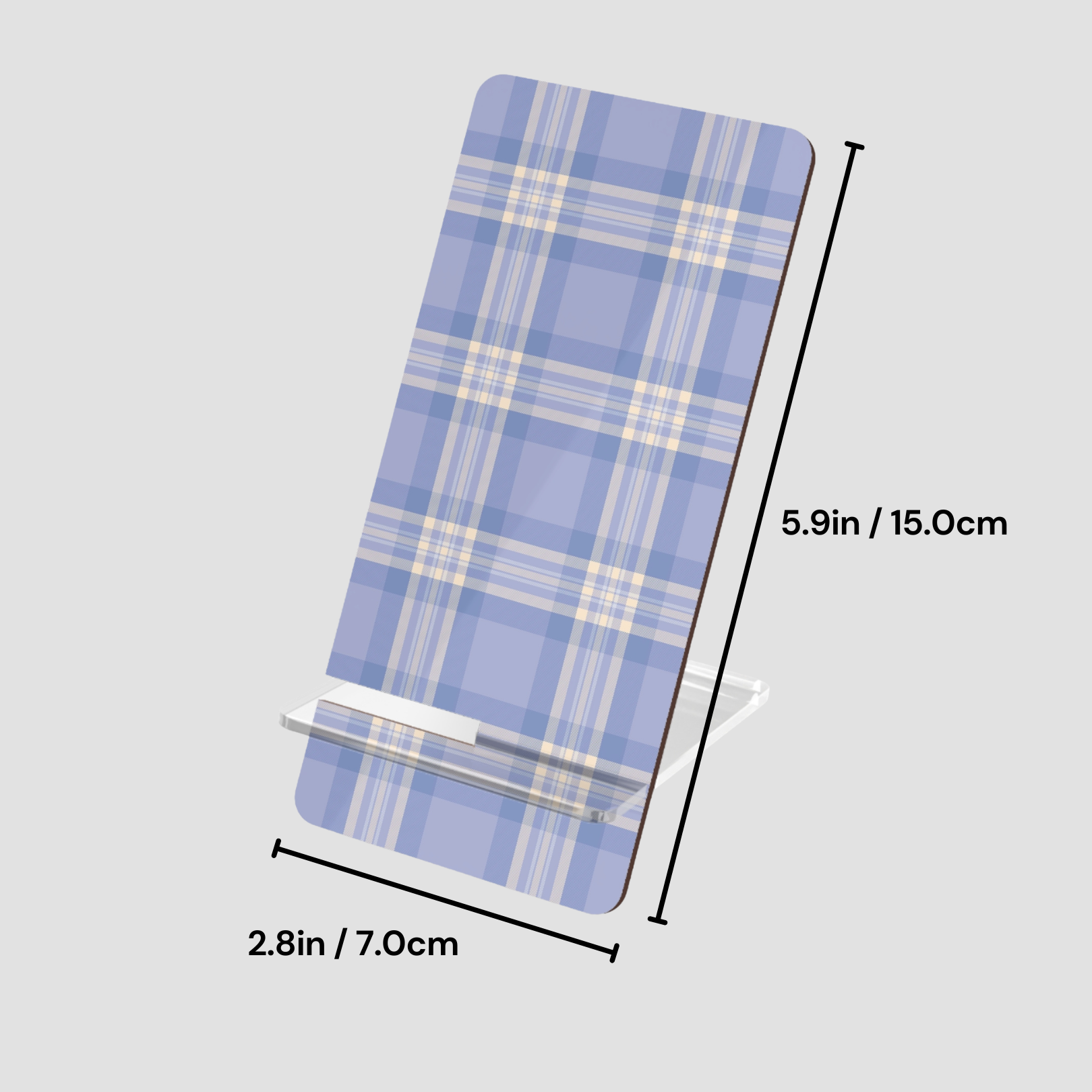 Blue plaid ironing board cover with measurements on a light gray background