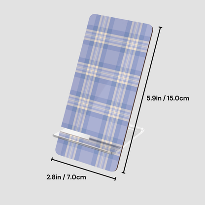 Blue plaid ironing board cover with measurements on a light gray background