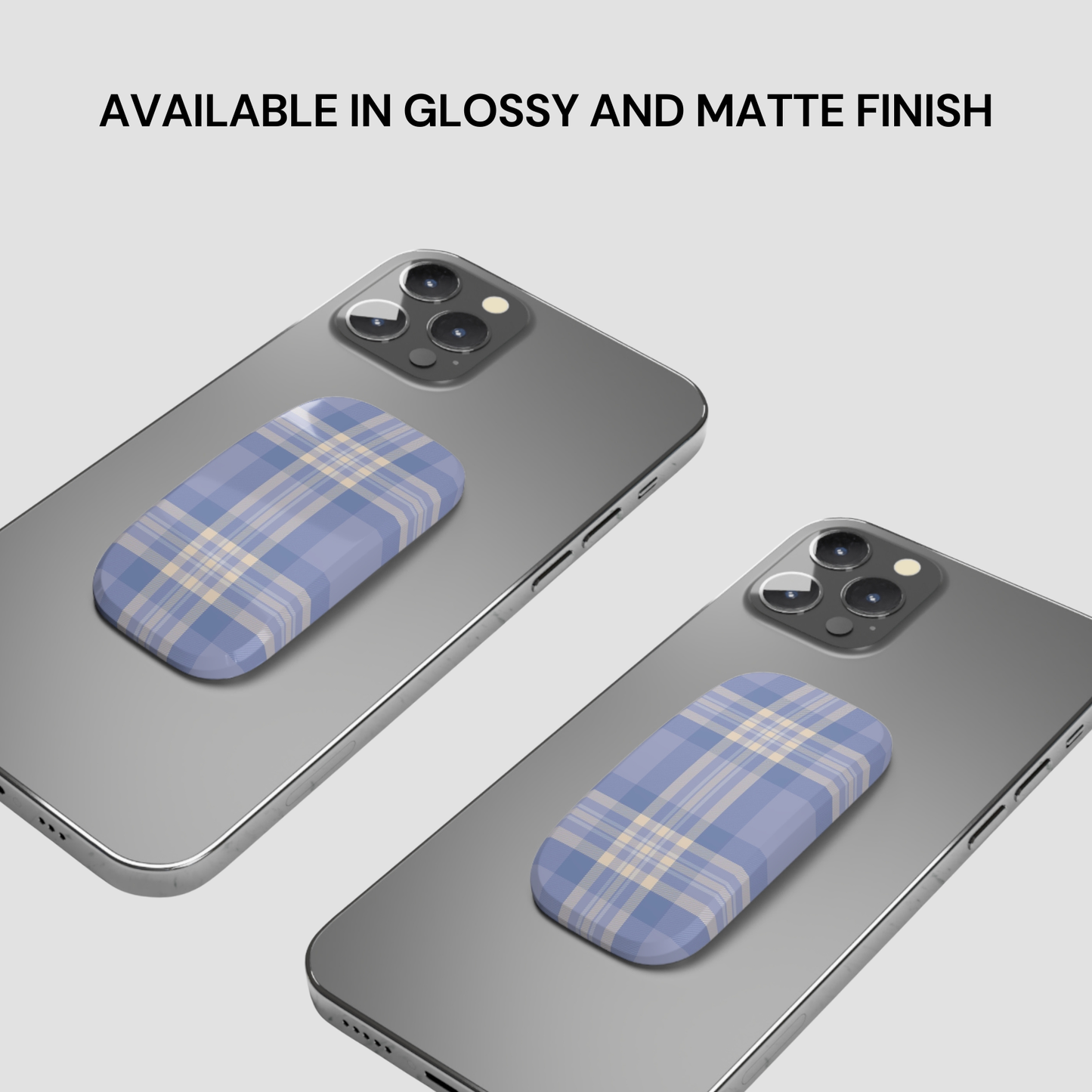 Two smartphones with blue plaid cases on a light gray background, text indicating finish options.