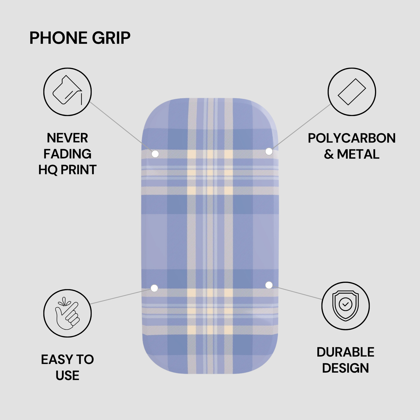 Phone grip with plaid pattern and features listed on a gray background
