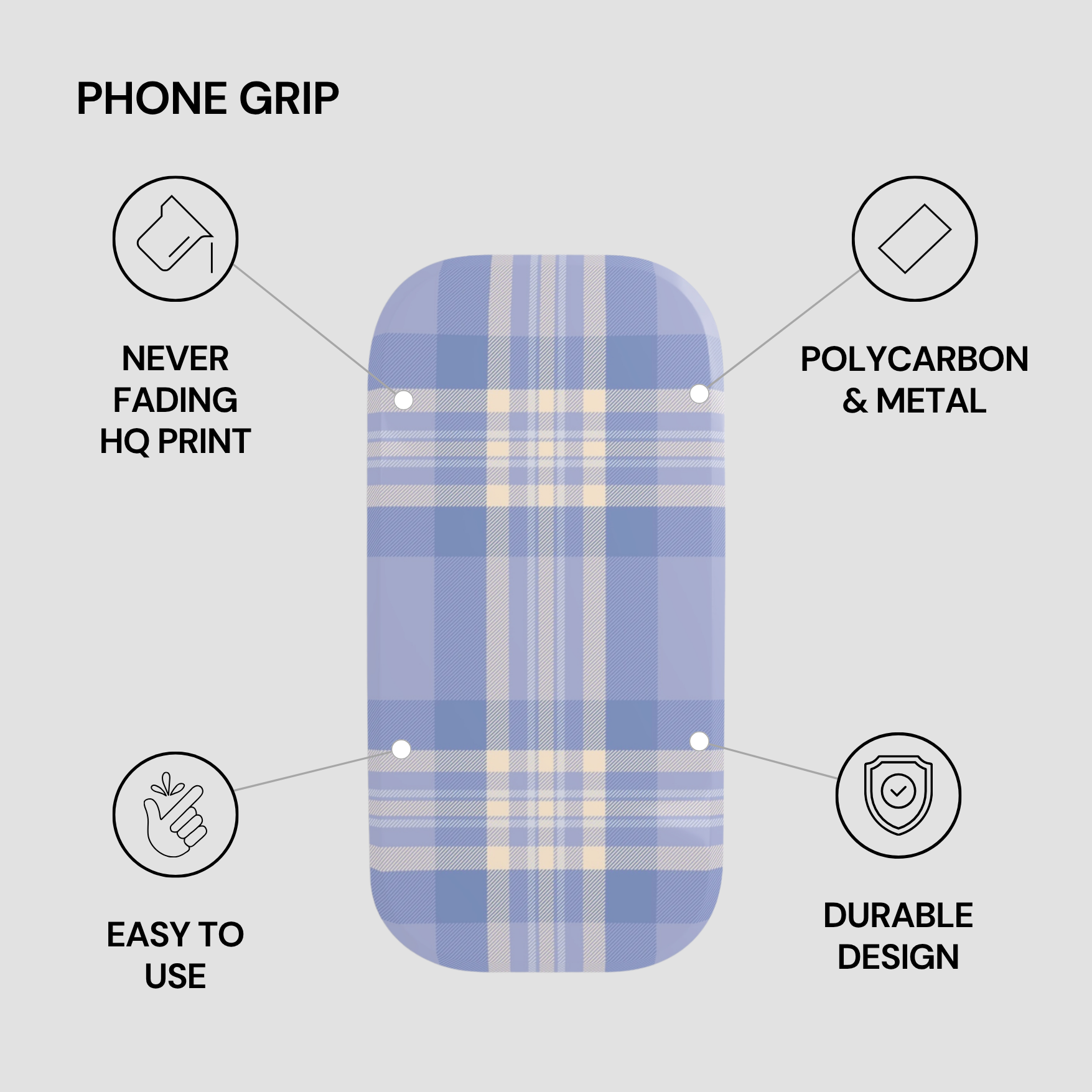 Phone grip with plaid pattern and features listed on a gray background