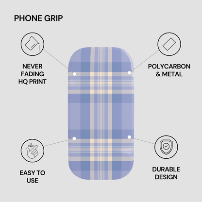 Phone grip with plaid pattern and features listed on a gray background