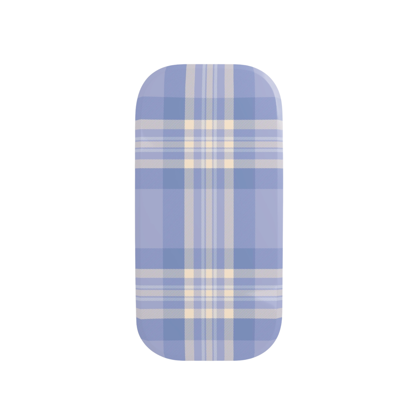 Rectangular phone grip with blue and white plaid pattern on a white background