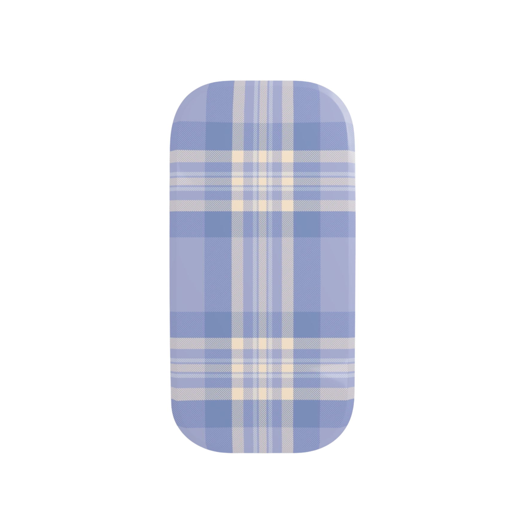 Rectangular phone grip with blue and white plaid pattern on a white background