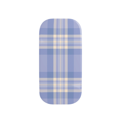 Rectangular phone grip with blue and white plaid pattern on a white background