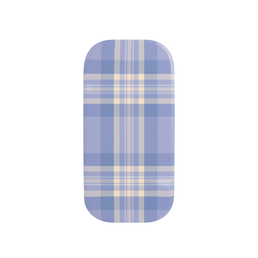 Rectangular phone grip with blue and white plaid pattern on a white background