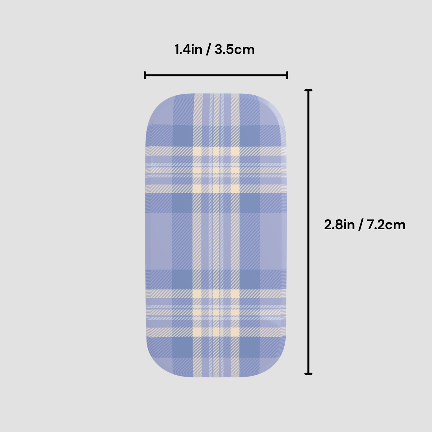 Blue plaid patterned product with measurements on a gray background
