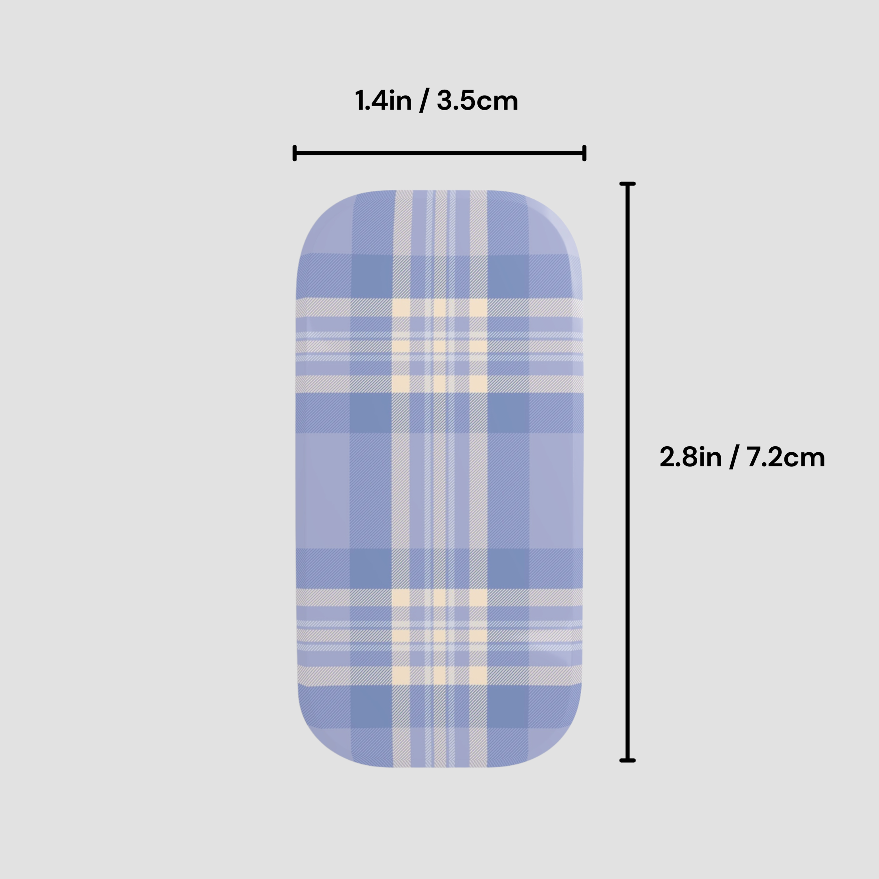 Blue plaid patterned product with measurements on a gray background