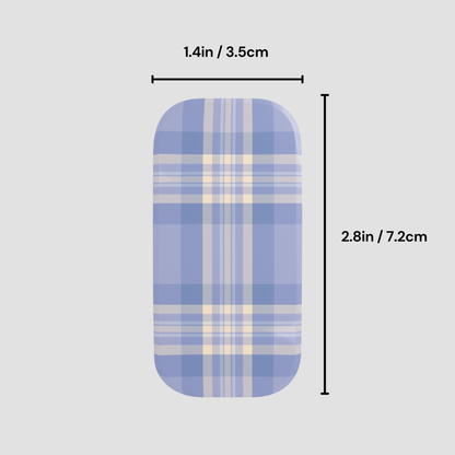 Blue plaid patterned product with measurements on a gray background