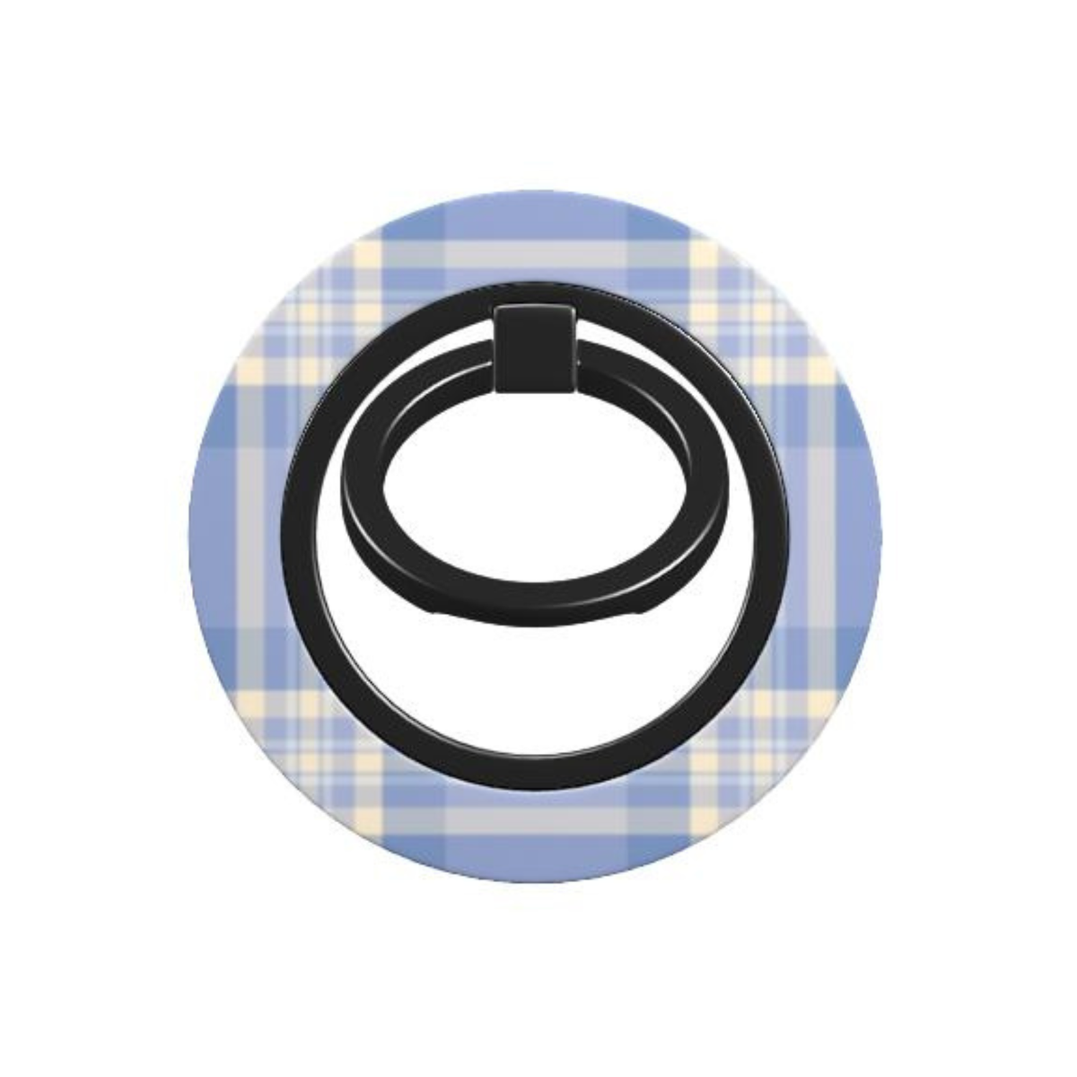 Phone ring holder with blue plaid design on a white background