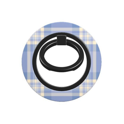Phone ring holder with blue plaid design on a white background