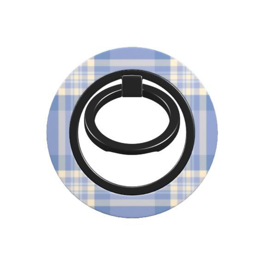 Phone ring holder with blue plaid design on a white background