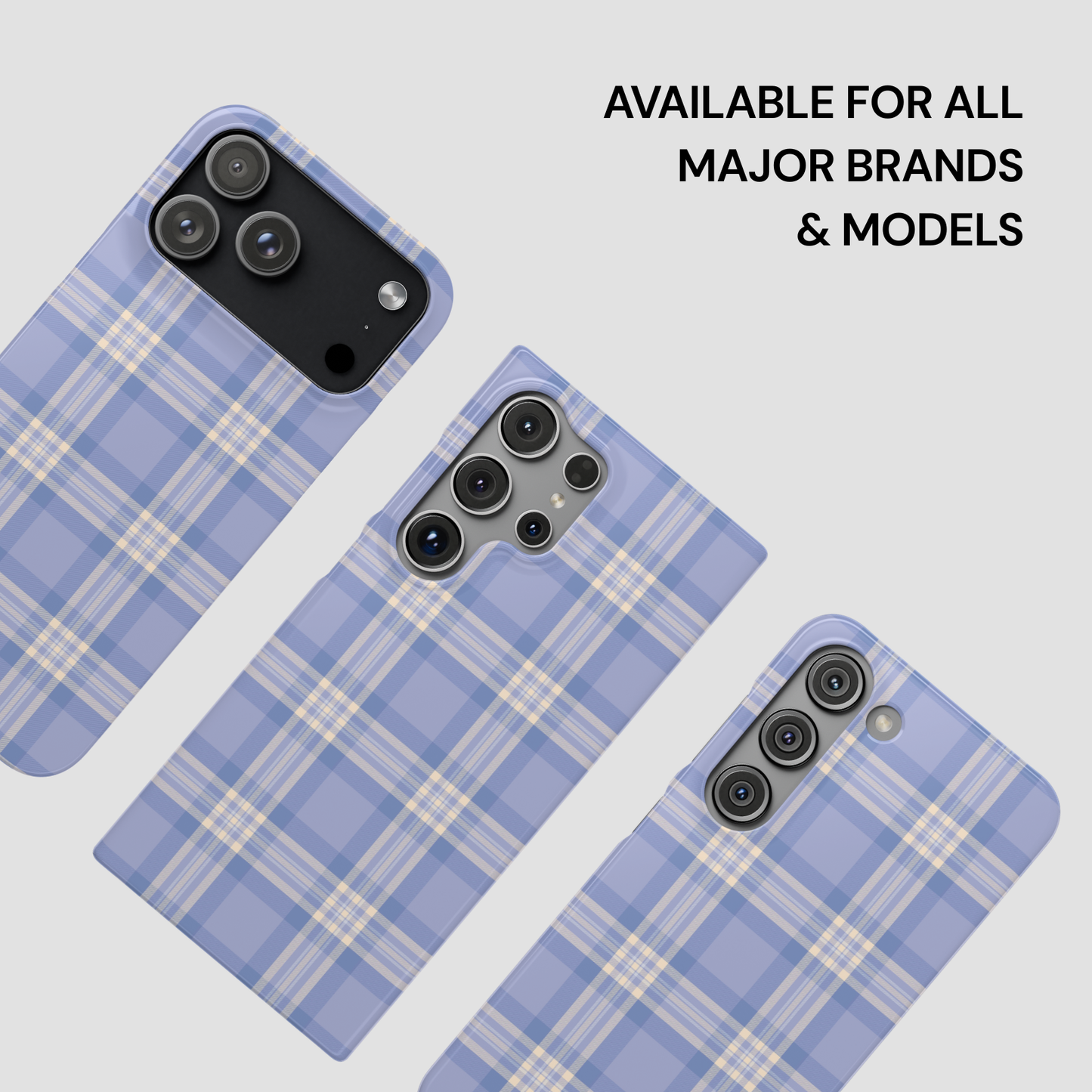Blue plaid phone case on a white background with text 'Available for all major brands & models'.