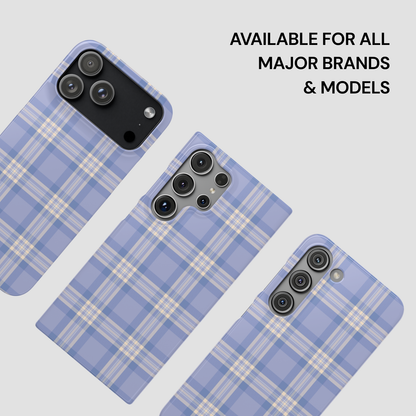 Blue plaid phone case on a white background with text 'Available for all major brands & models'.