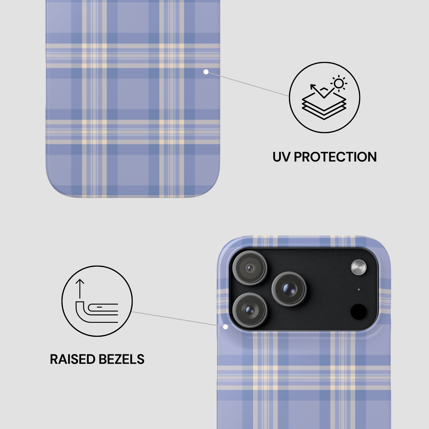Phone case with plaid pattern and UV protection features on a light gray background