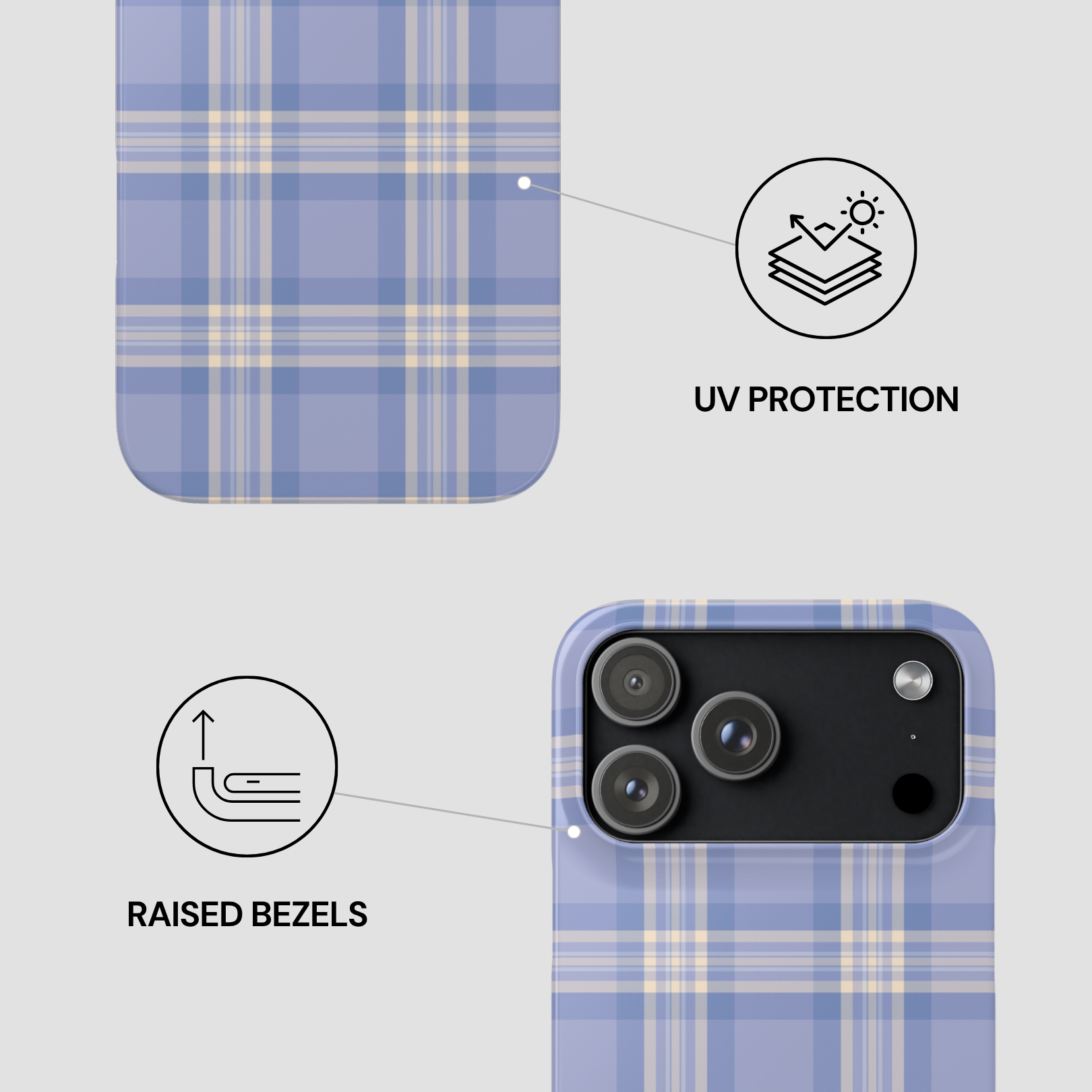 Phone case with plaid pattern and UV protection features on a light gray background