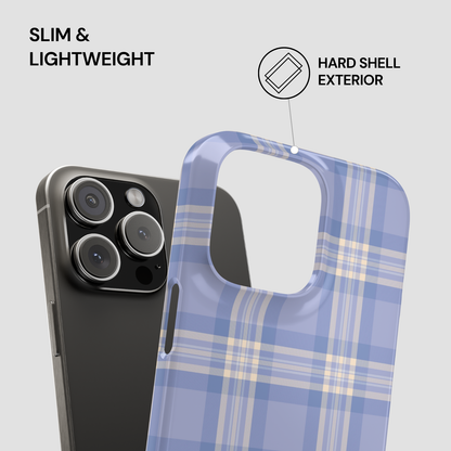 Phone case with plaid design and text highlighting slim, lightweight, and hard shell exterior features.