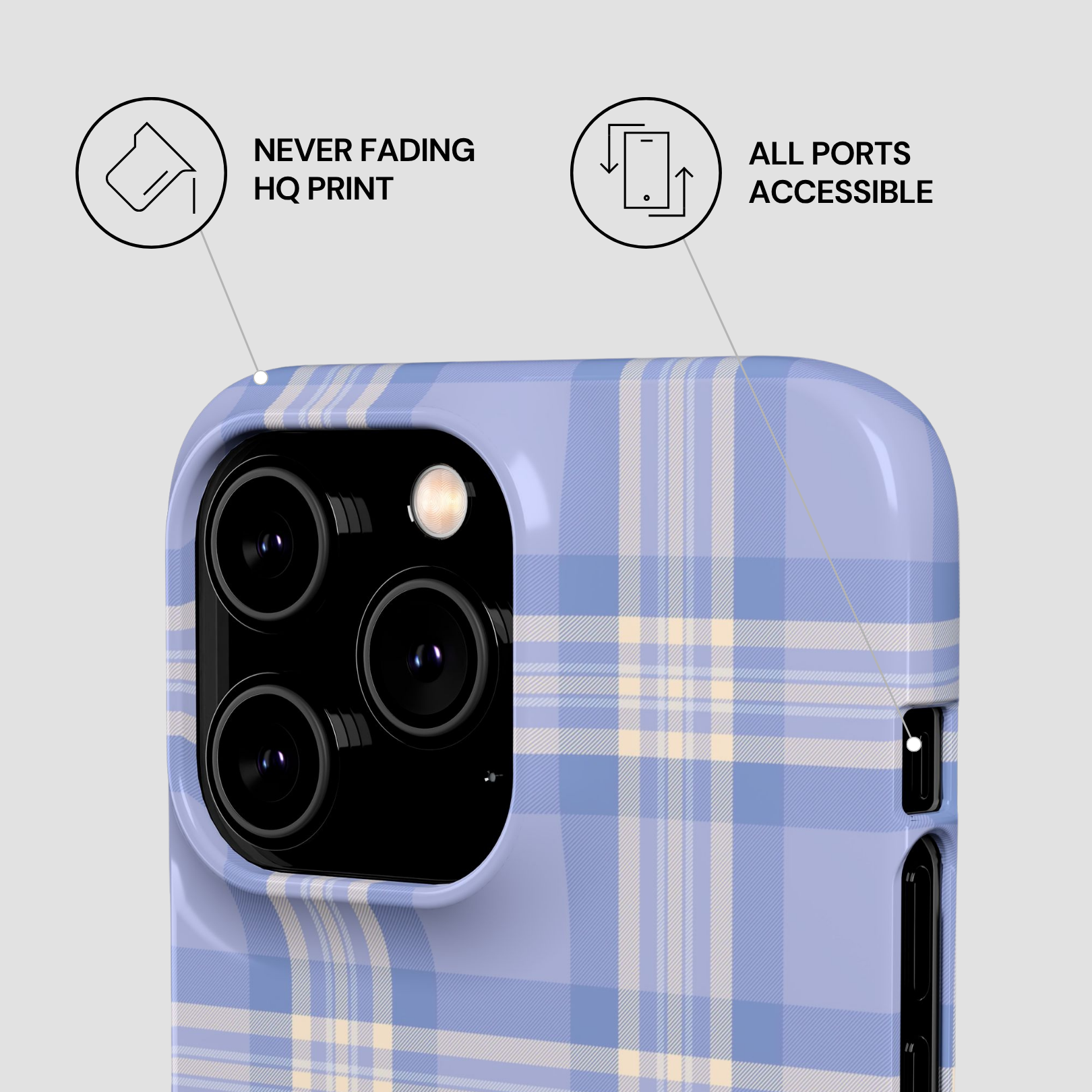 Blue and white plaid phone case with features highlighted on a light gray background