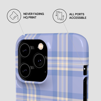 Blue and white plaid phone case with features highlighted on a light gray background