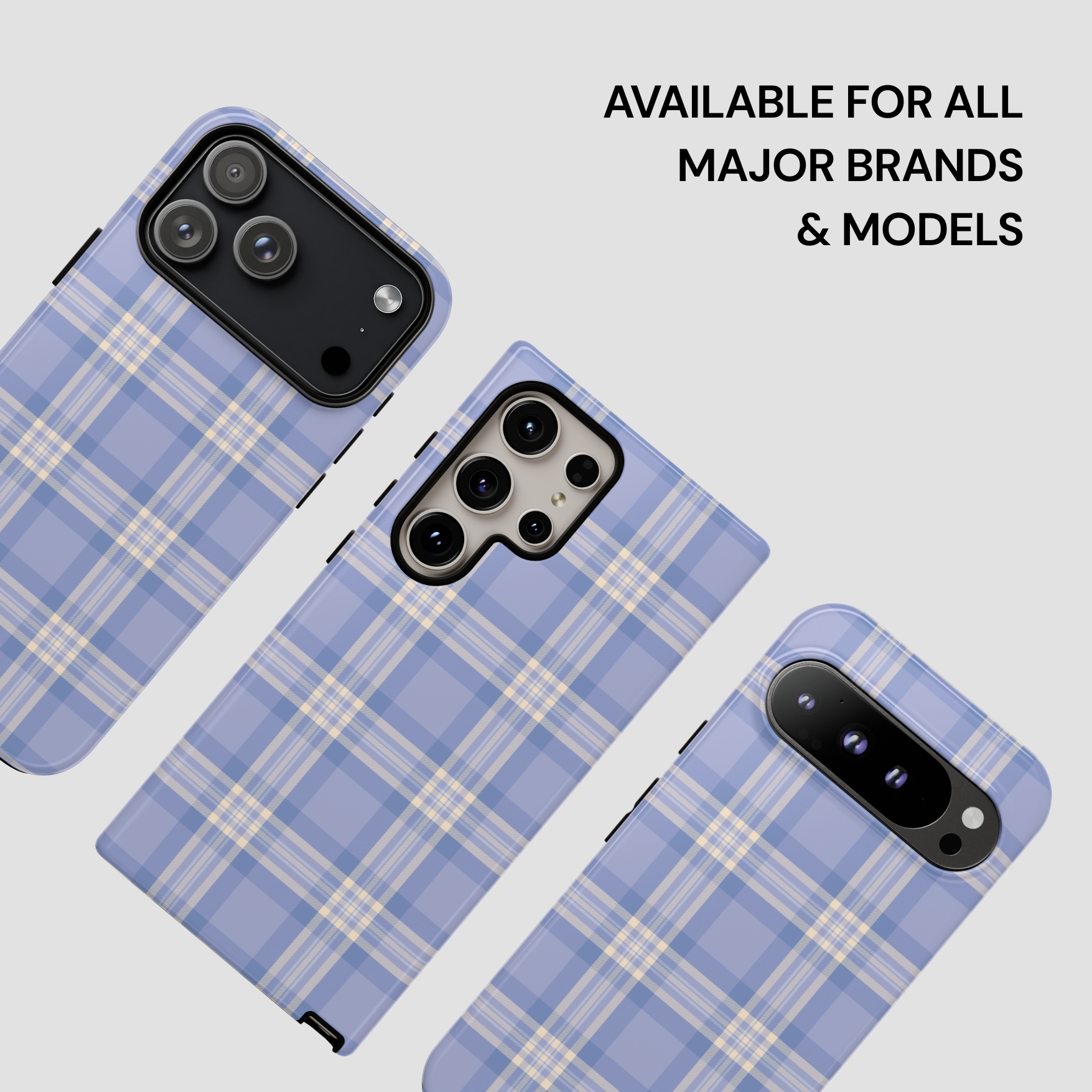 Blue plaid phone case on a white background with text 'Available for all major brands & models'.