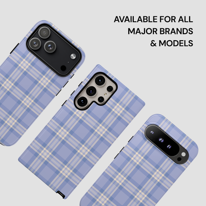 Blue plaid phone case on a white background with text 'Available for all major brands & models'.