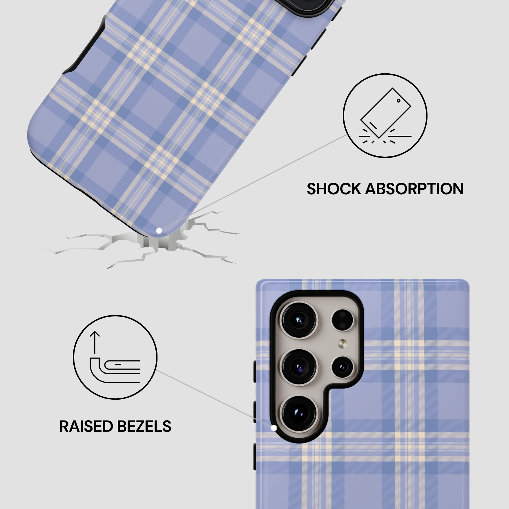 Blue plaid phone case with shock absorption and raised bezels features on a white background