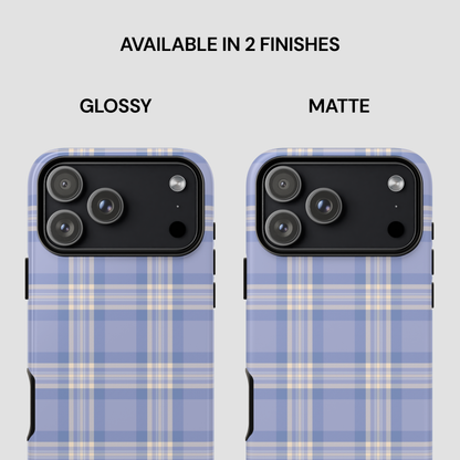 Two phone case designs with plaid pattern, one glossy and one matte, on a light gray background.