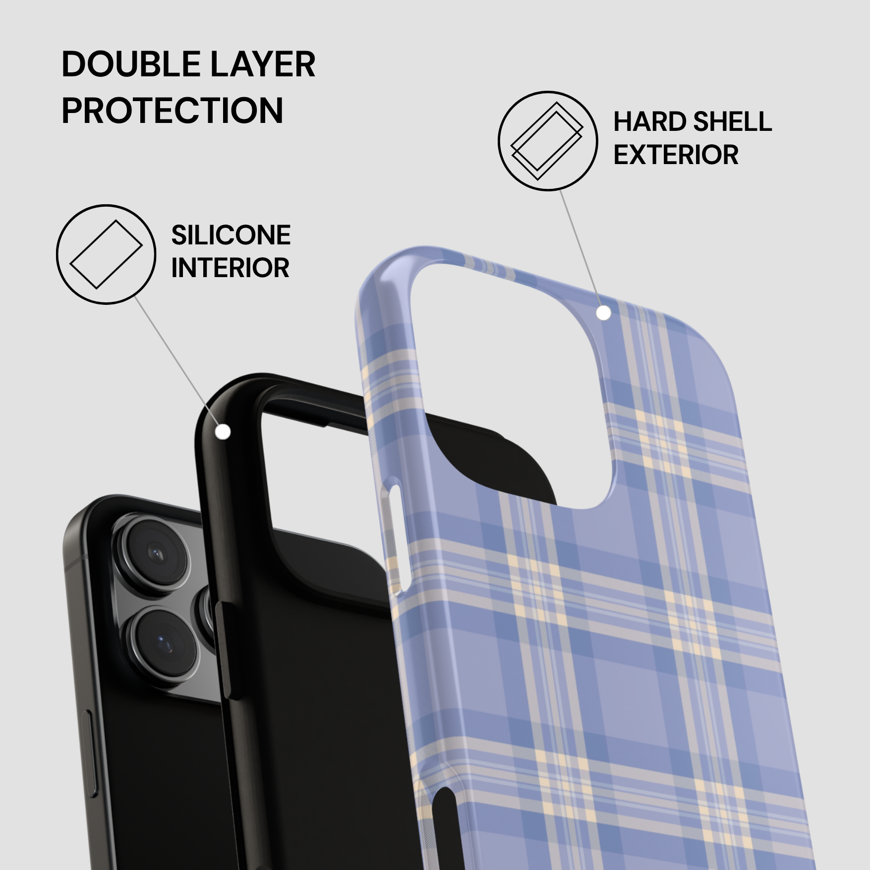 Phone case with plaid design and text highlighting double layer protection.