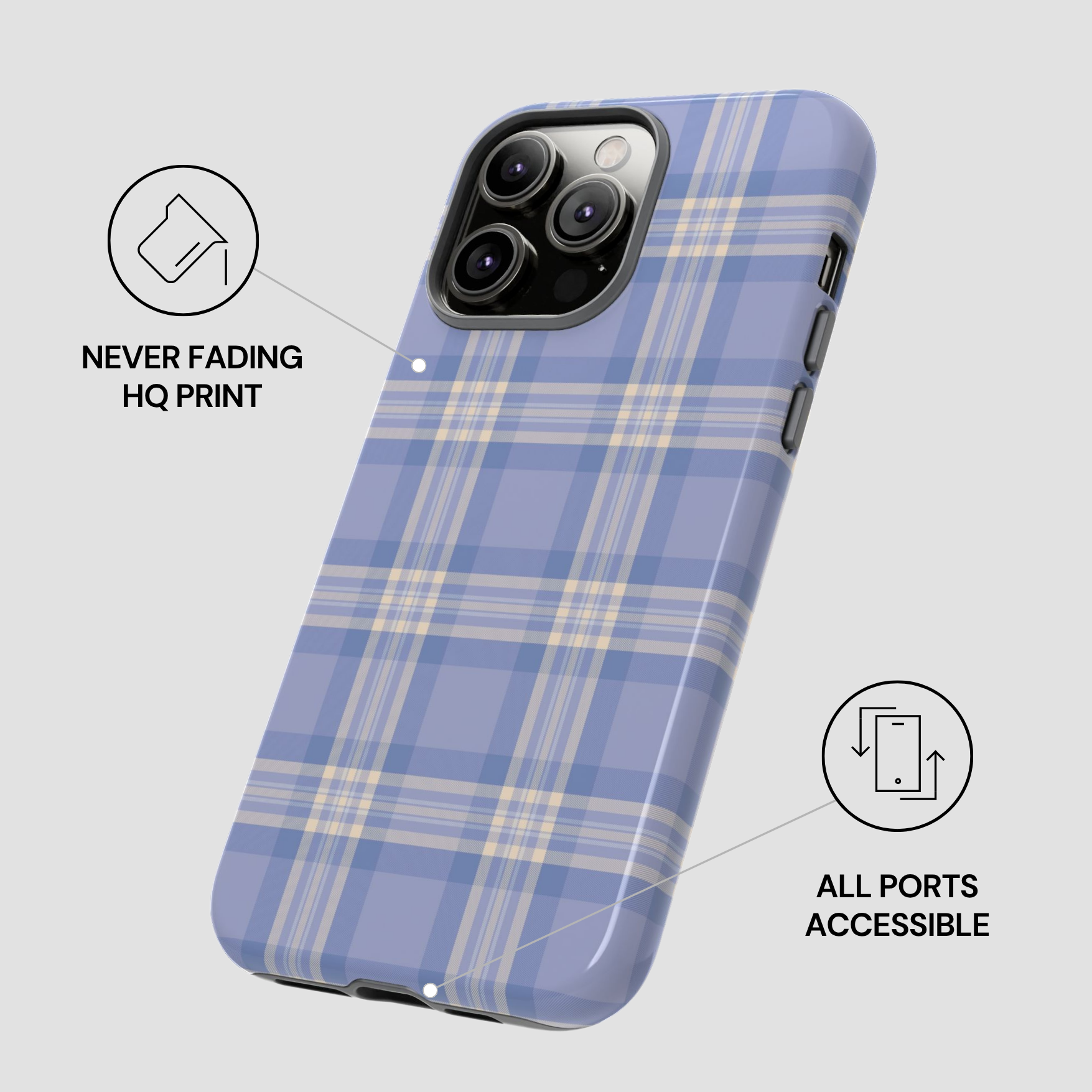Blue plaid phone case with text indicating 'Never Fading HQ Print' and 'All Ports Accessible' on a light gray background.