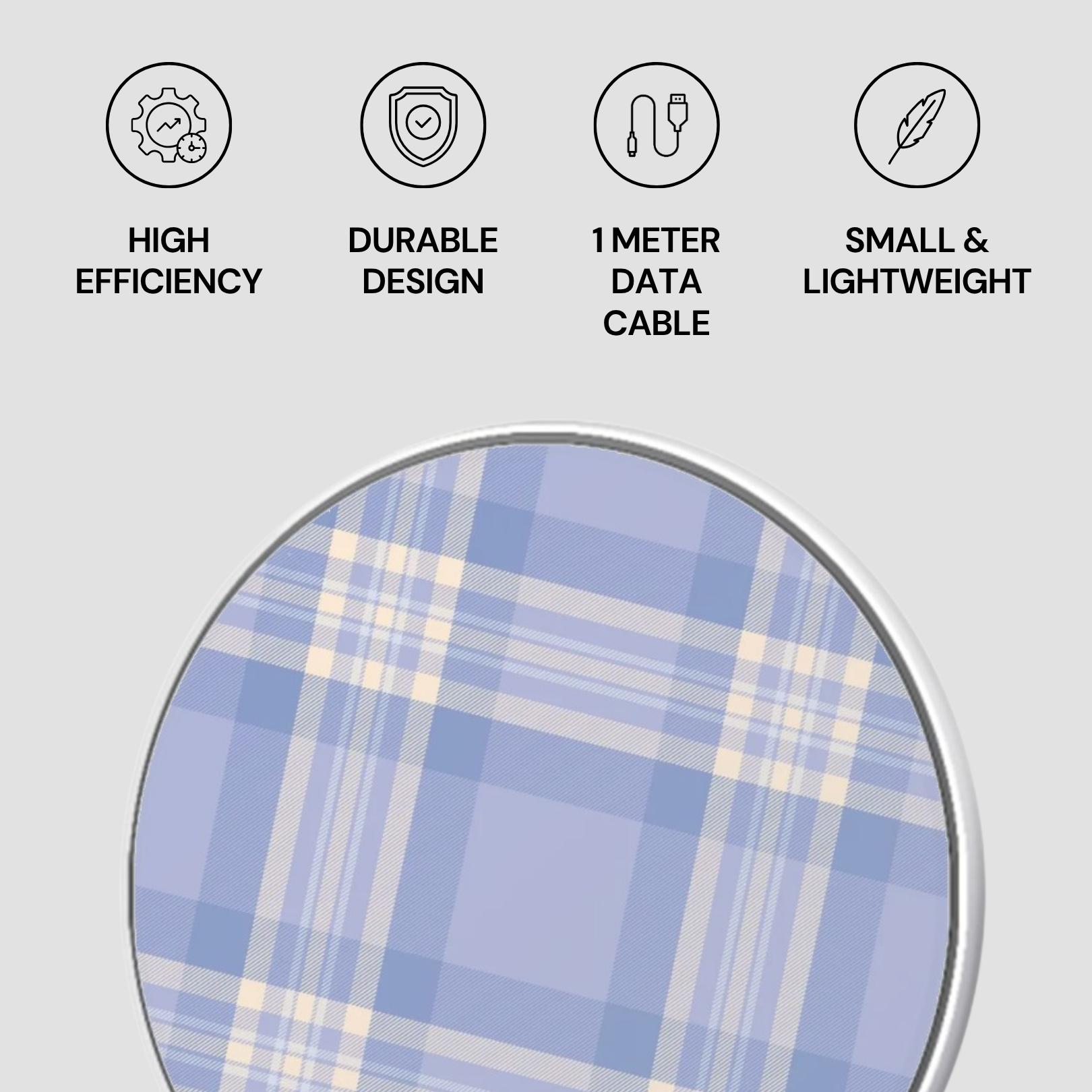 Product with blue plaid pattern and icons indicating high efficiency, durable design, 1 meter data cable, and small & lightweight features on a light gray background.