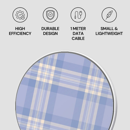 Product with blue plaid pattern and icons indicating high efficiency, durable design, 1 meter data cable, and small & lightweight features on a light gray background.