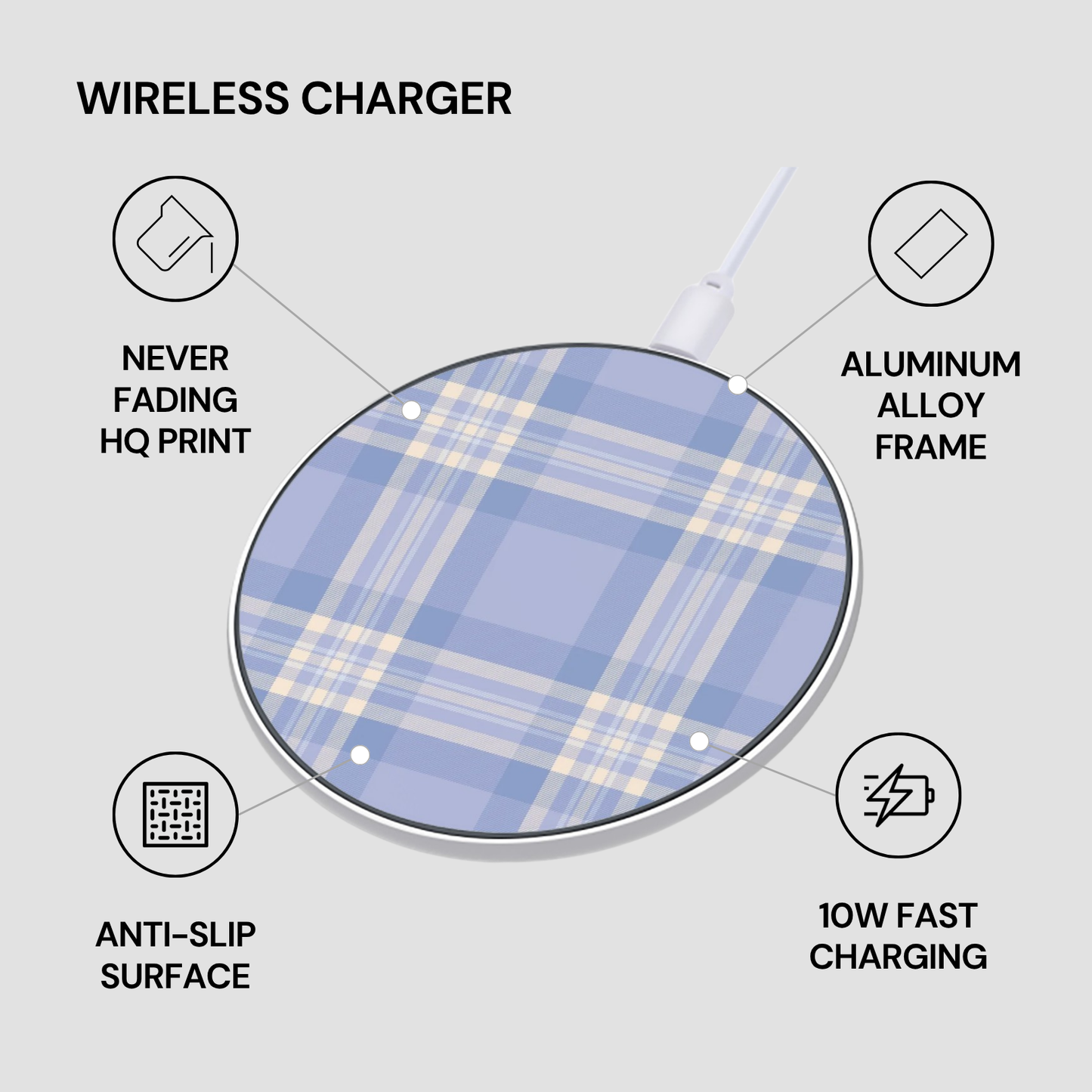 Wireless charger with plaid design on a light gray background