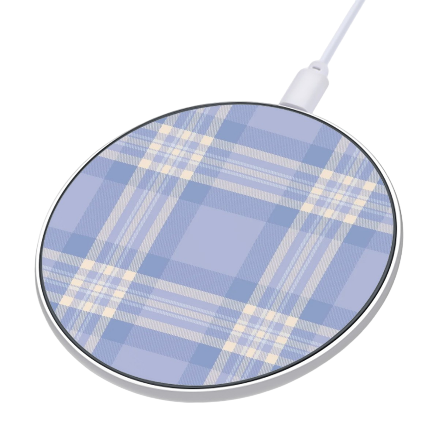 Round wireless charging pad with blue and yellow plaid pattern on a white background