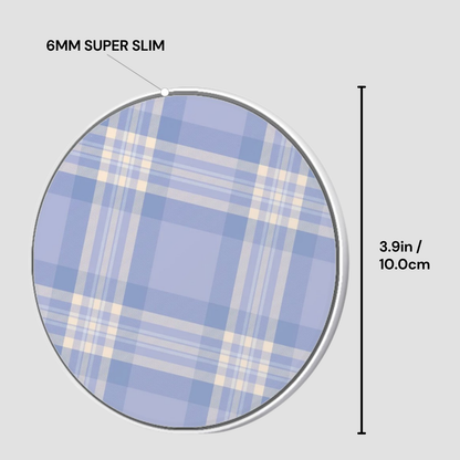6mm super slim circular object with plaid pattern and measurements on a light gray background