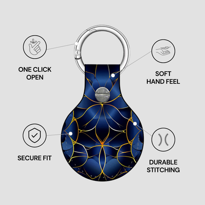 Blue keychain with spider web design on a gray background, featuring text on features.