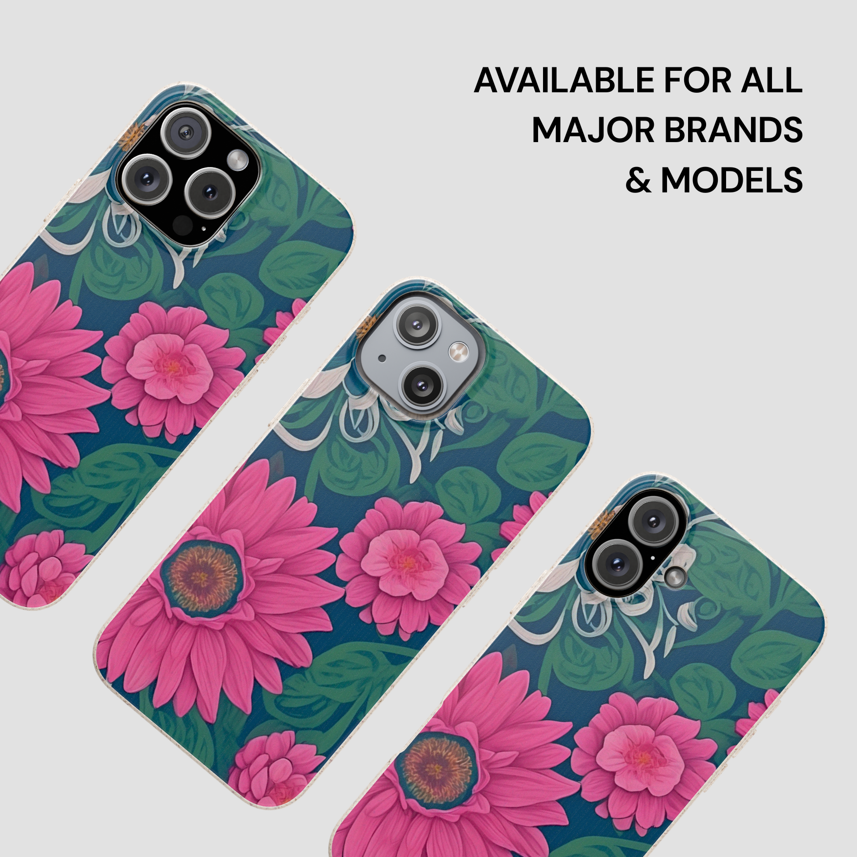 Floral phone case with pink flowers and green leaves on a white background