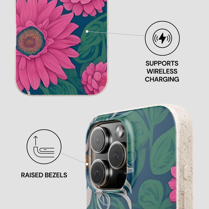 Phone case with floral design and wireless charging support on a white background
