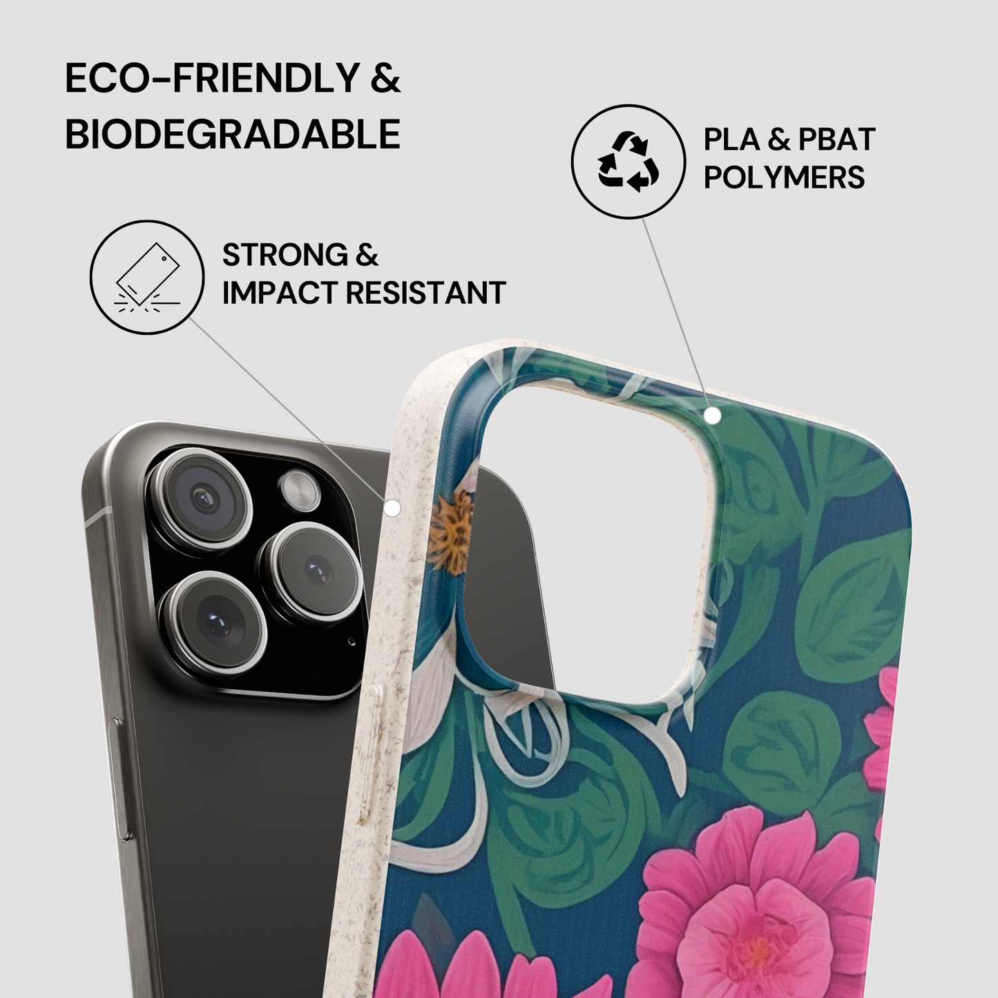 Floral phone case with eco-friendly and biodegradable features on a gray background