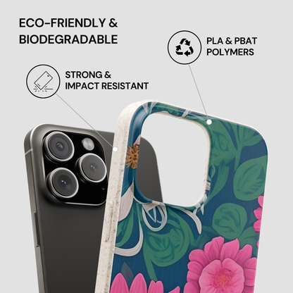 Floral phone case with eco-friendly and biodegradable features on a gray background