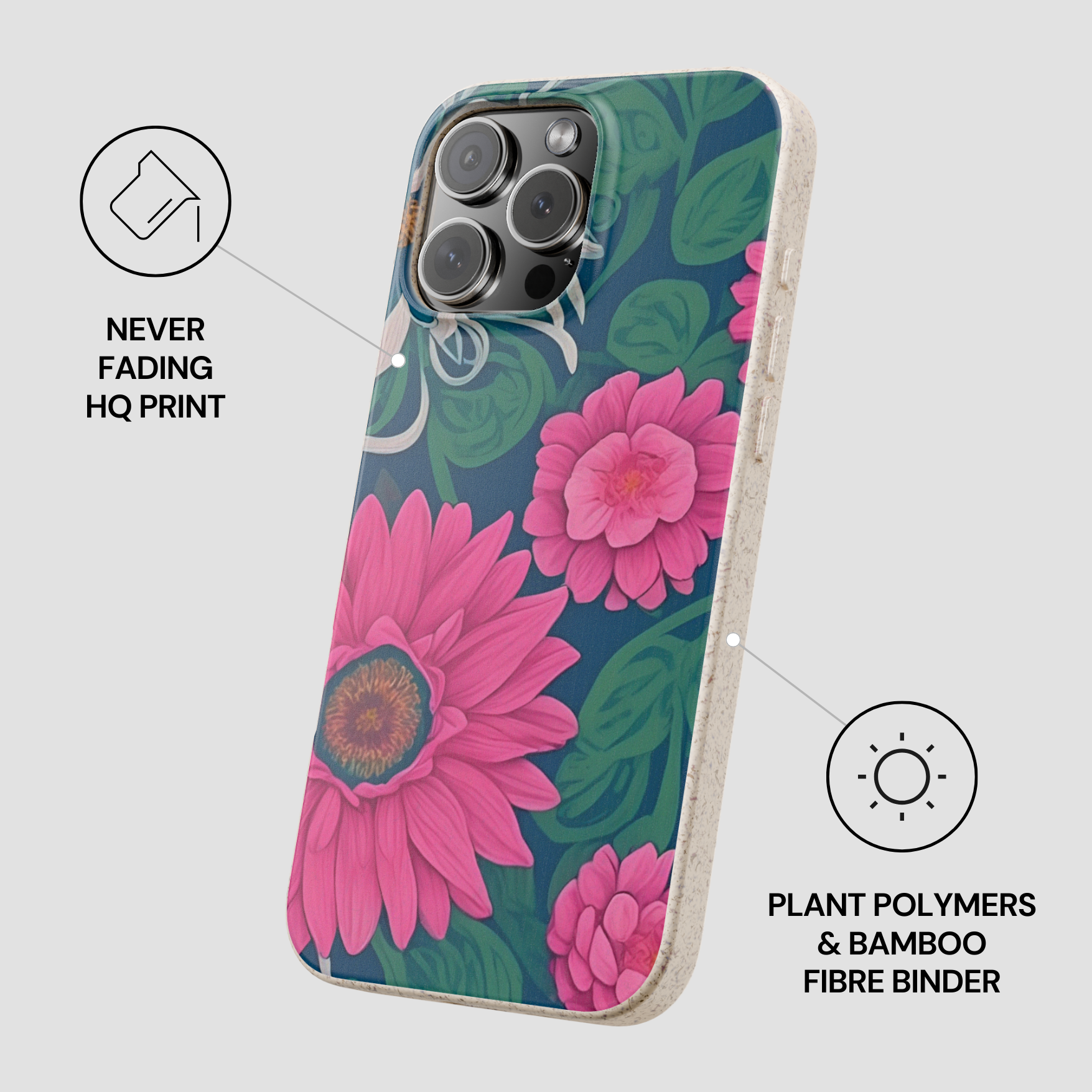 Floral phone case with pink flowers on a blue background, featuring text about material and print quality.