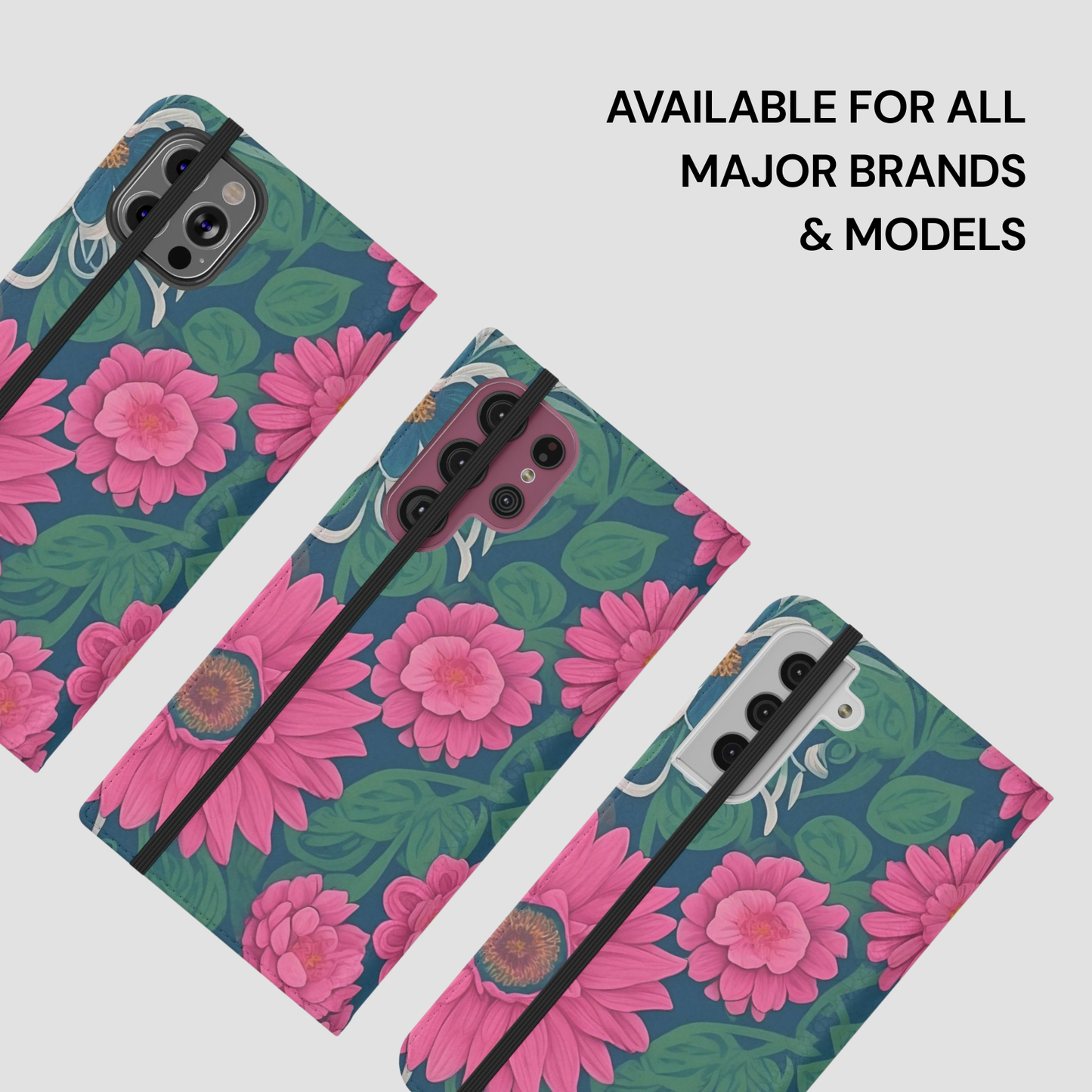 Floral phone case with pink flowers and green leaves on a white background