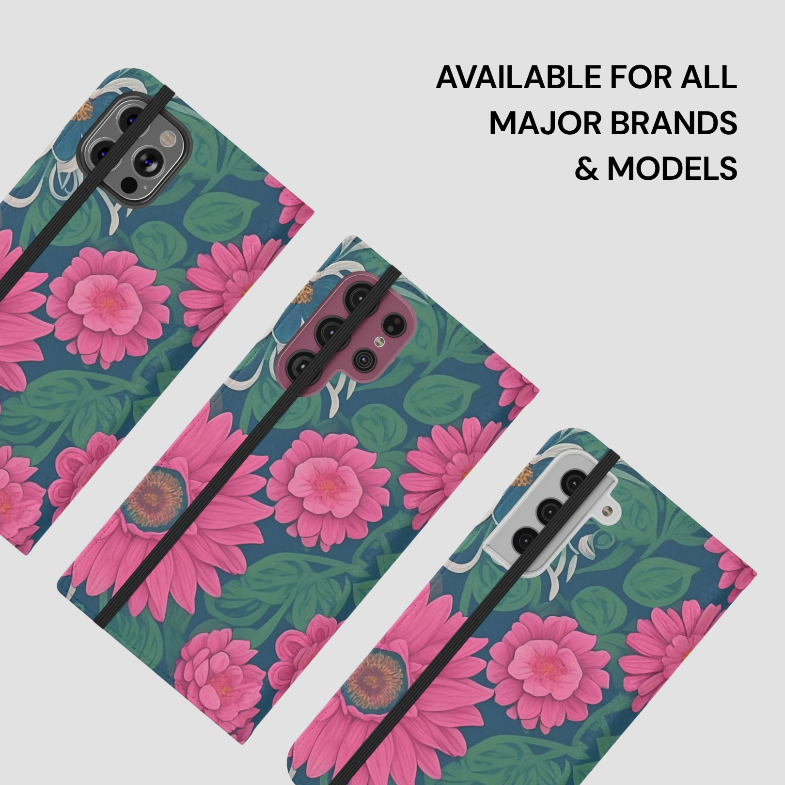 Floral phone case with pink flowers and green leaves on a white background