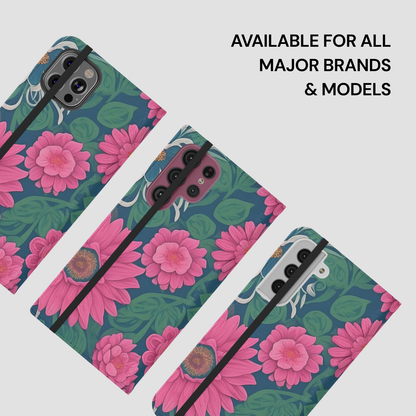 Floral phone case with pink flowers and green leaves on a white background