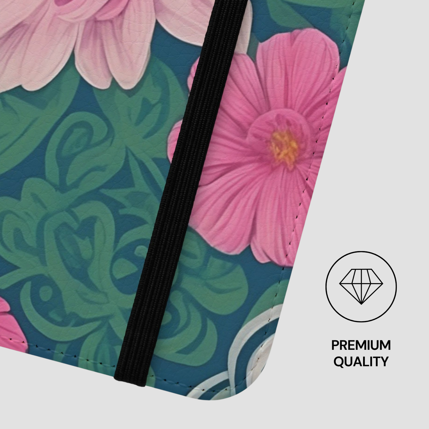 Floral patterned product with a black strap and 'Premium Quality' label.